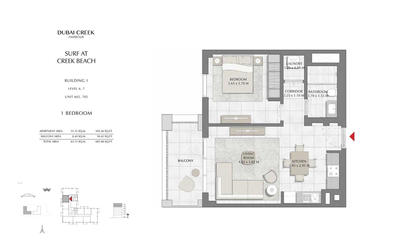 Building 1, 1 Bedroom, Level 6, 7, Size 685 Sq Ft
